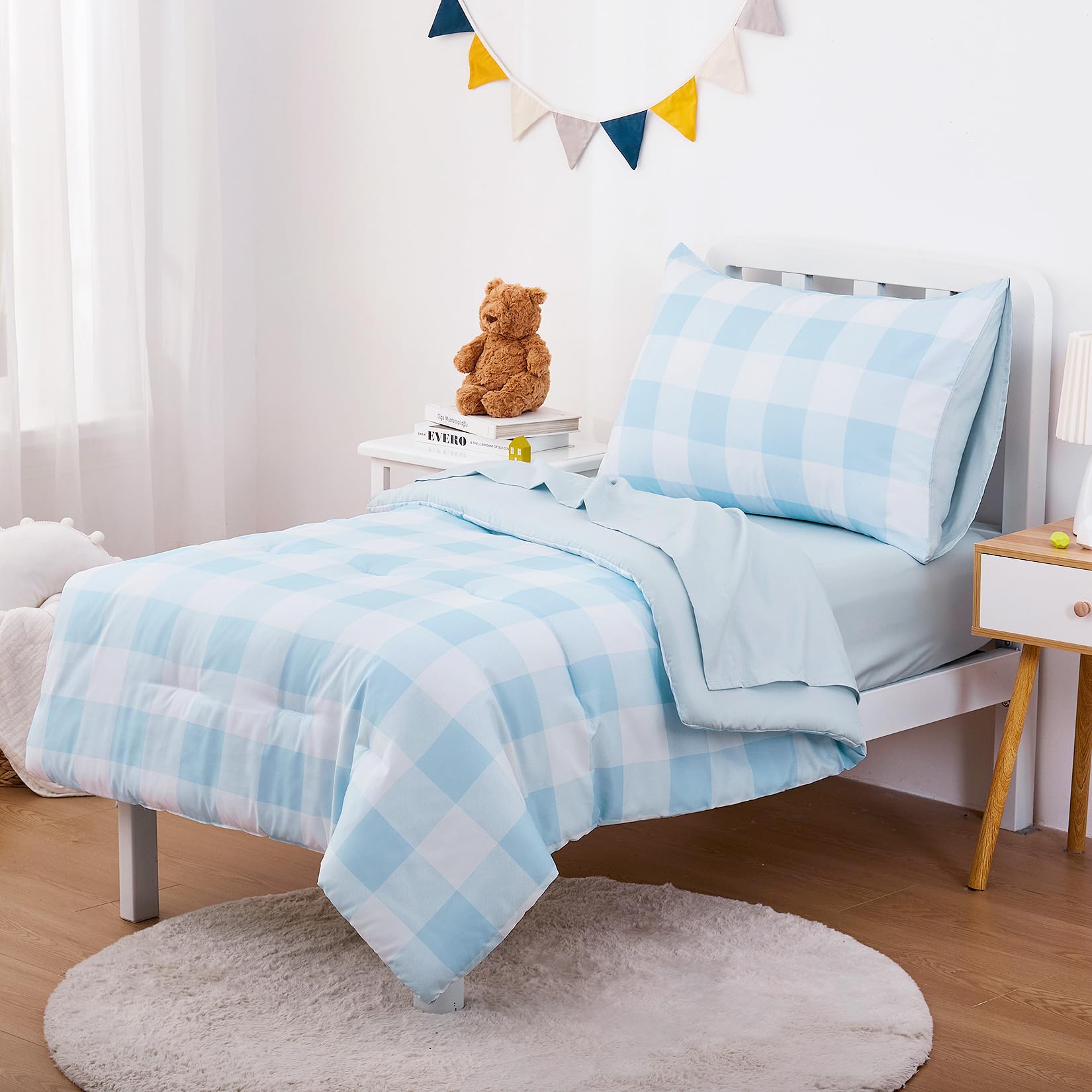 Wake In Cloud gingham toddler flat sheet close-up reveals smooth texture for all-season comfort