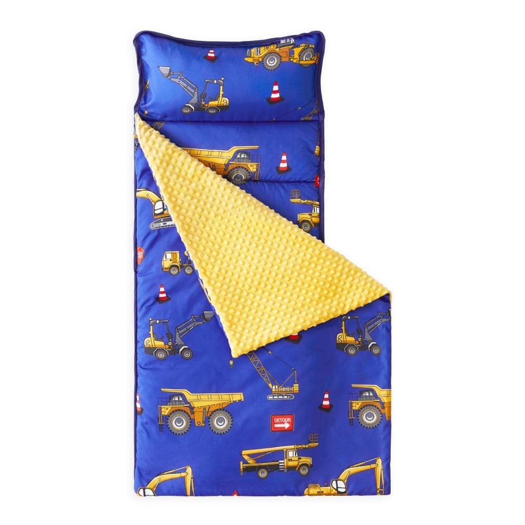 Wake In Cloud nap mat with blue car excavator roll-up for preschool naps.