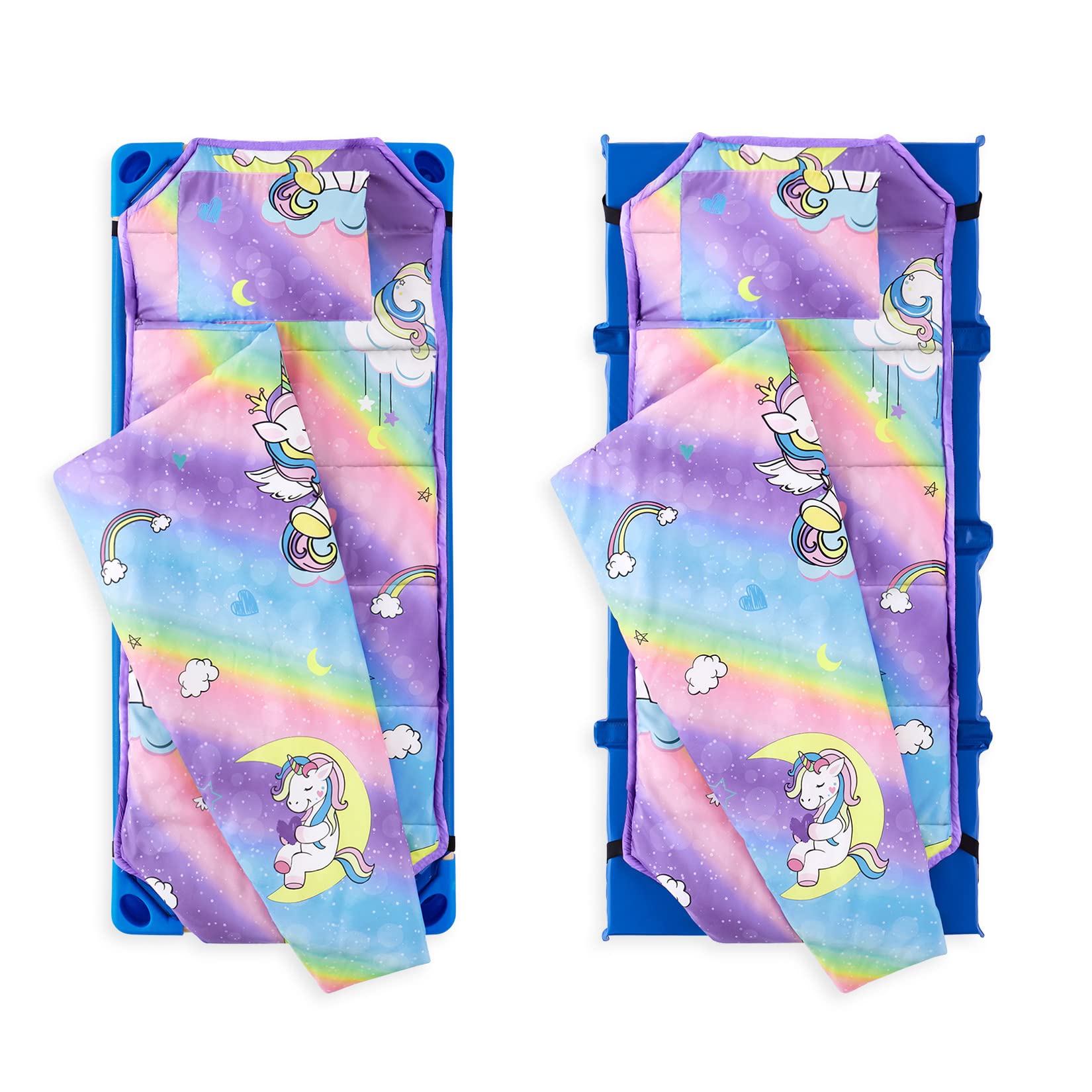 Wake In Cloud unicorn bedding includes detachable pillow for compact storage.