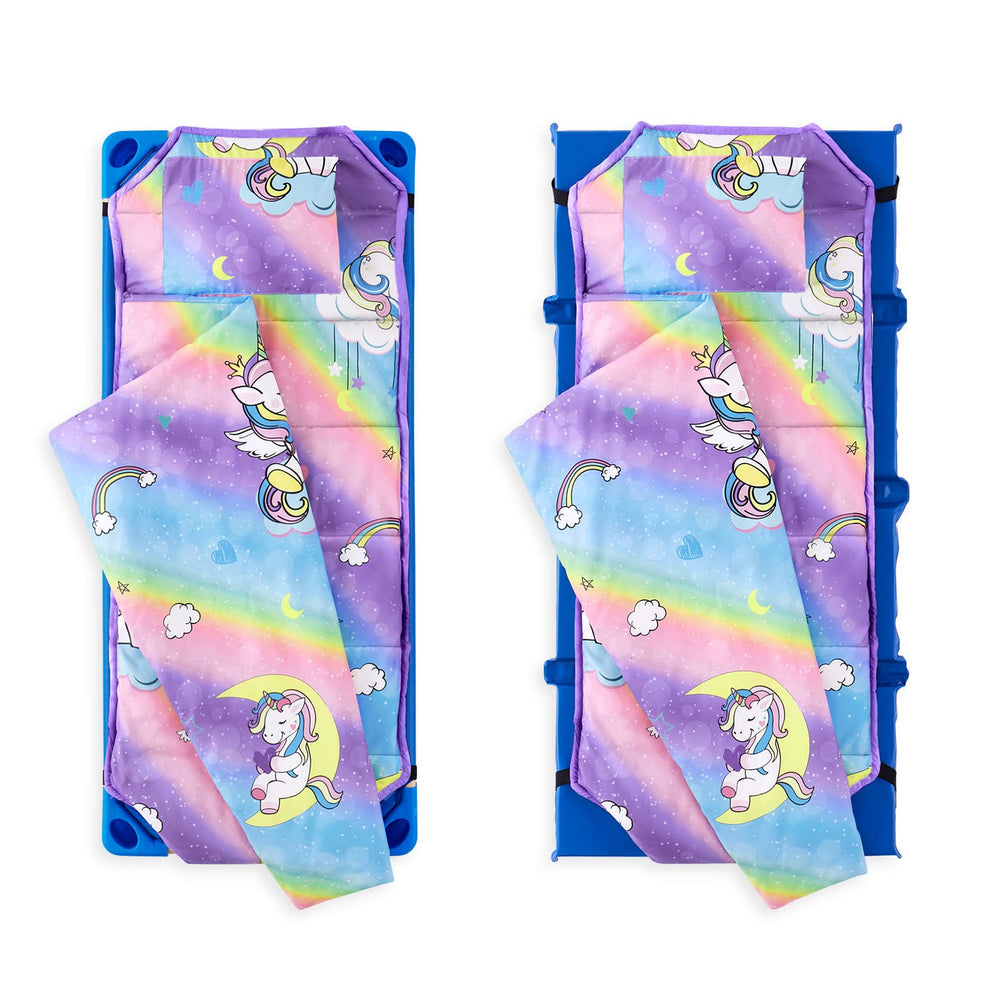Wake In Cloud unicorn bedding includes detachable pillow for compact storage.