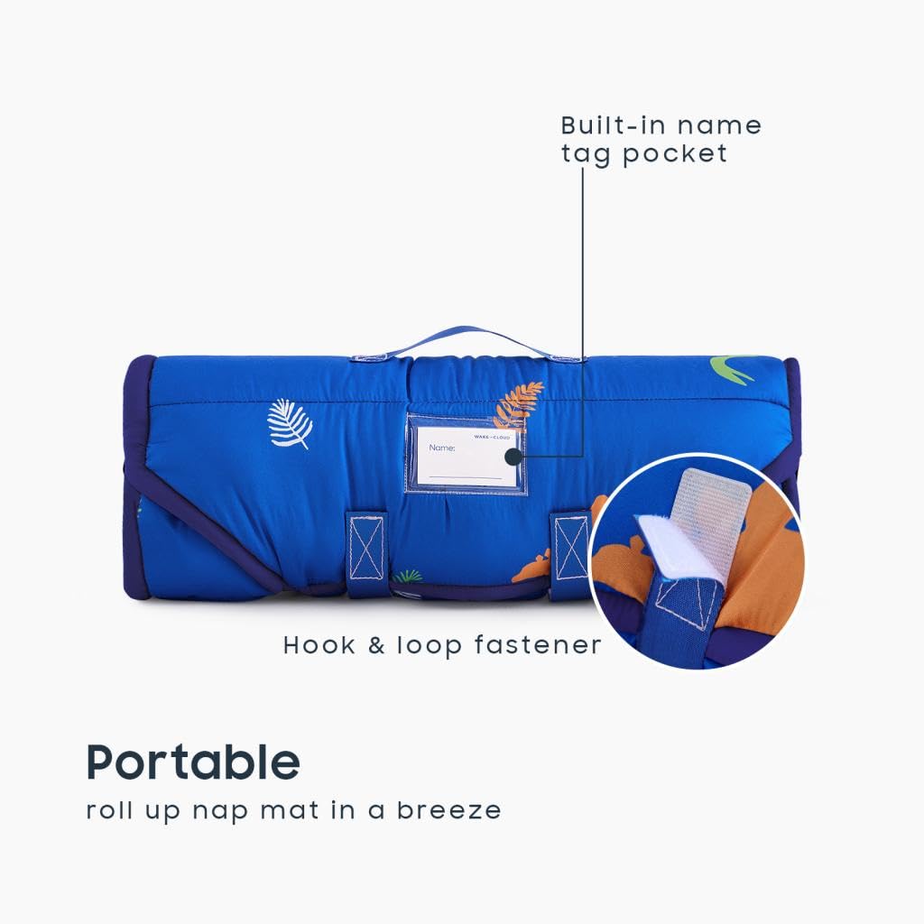 Wake In Cloud dinosaur blue mat fabric offers soft brushed microfiber comfort.