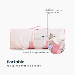 Wake In Cloud nap mat with elastic corner straps stays secure