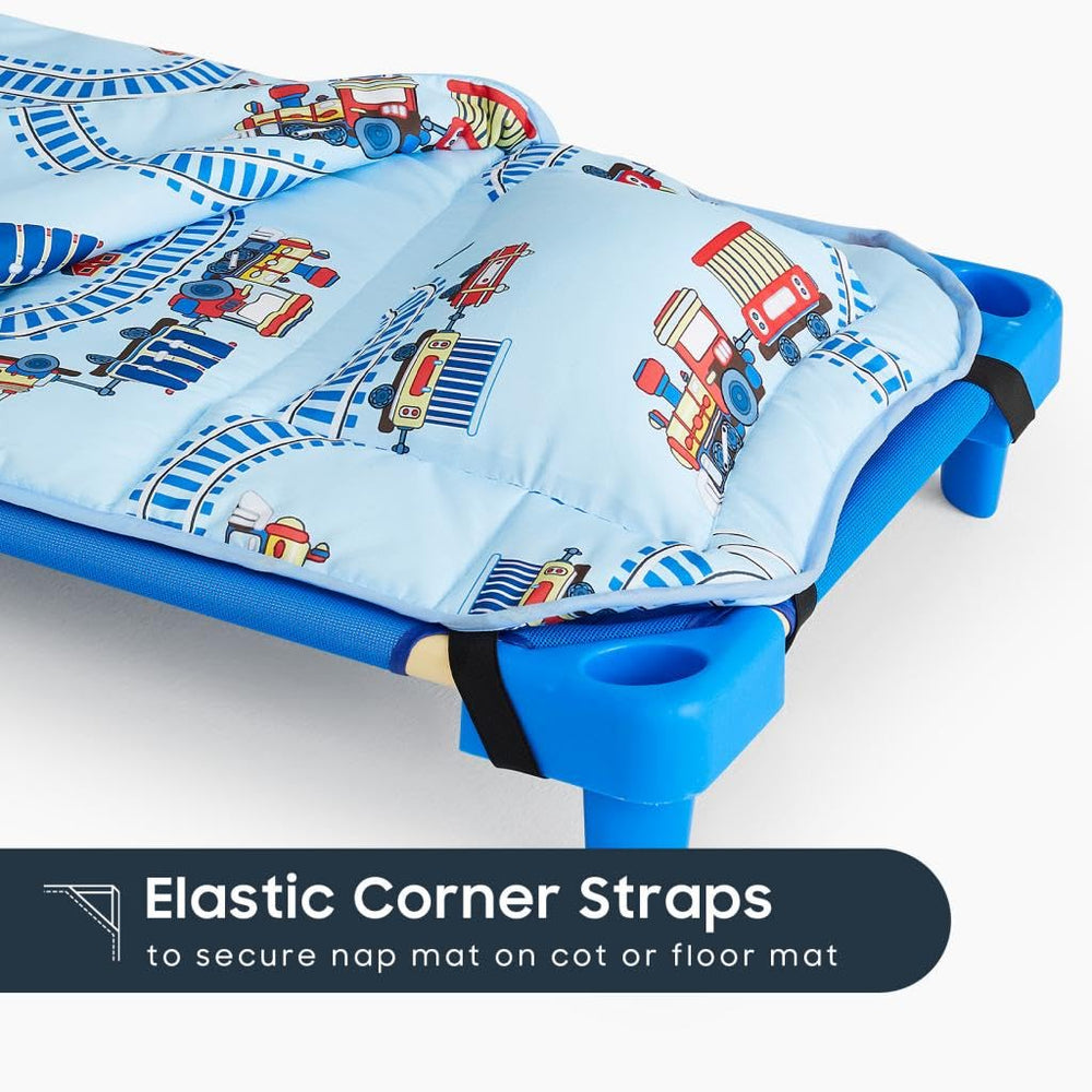 Wake In Cloud nap mat with elastic corner straps keeps mats secure during naps