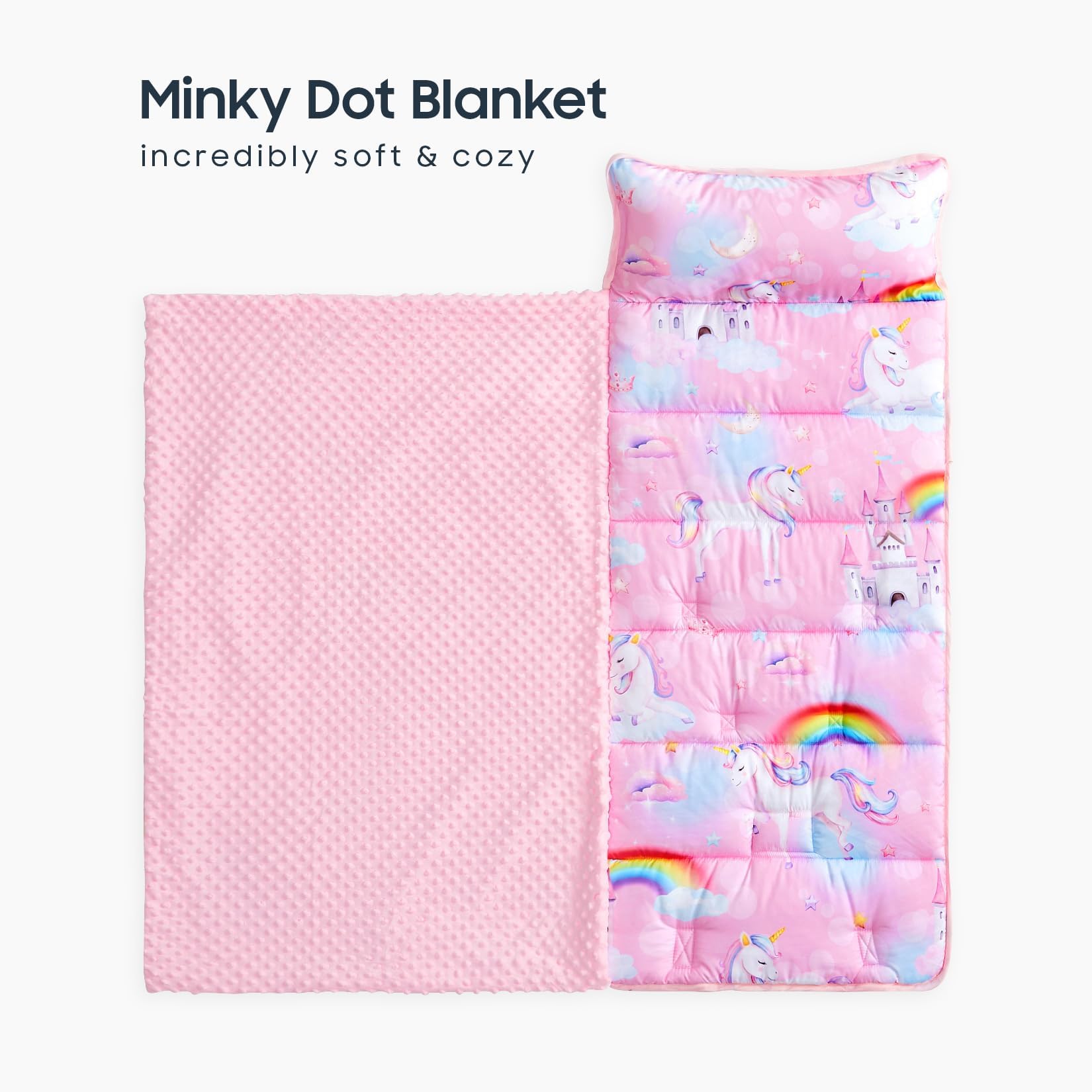 Wake In Cloud nap mat with removable pillow in pink for quick nap setup at daycare