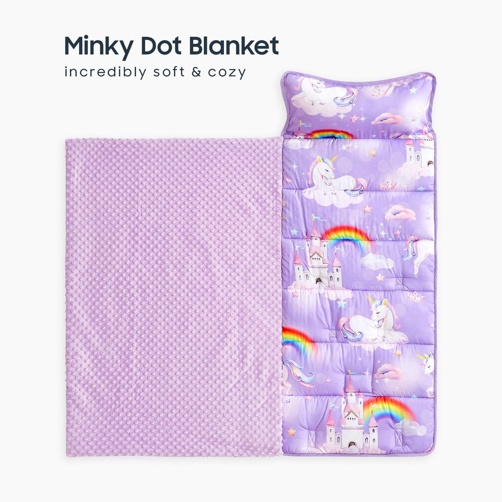 Wake In Cloud nap mat rainbow sky detail supports cheerful daycare nap time