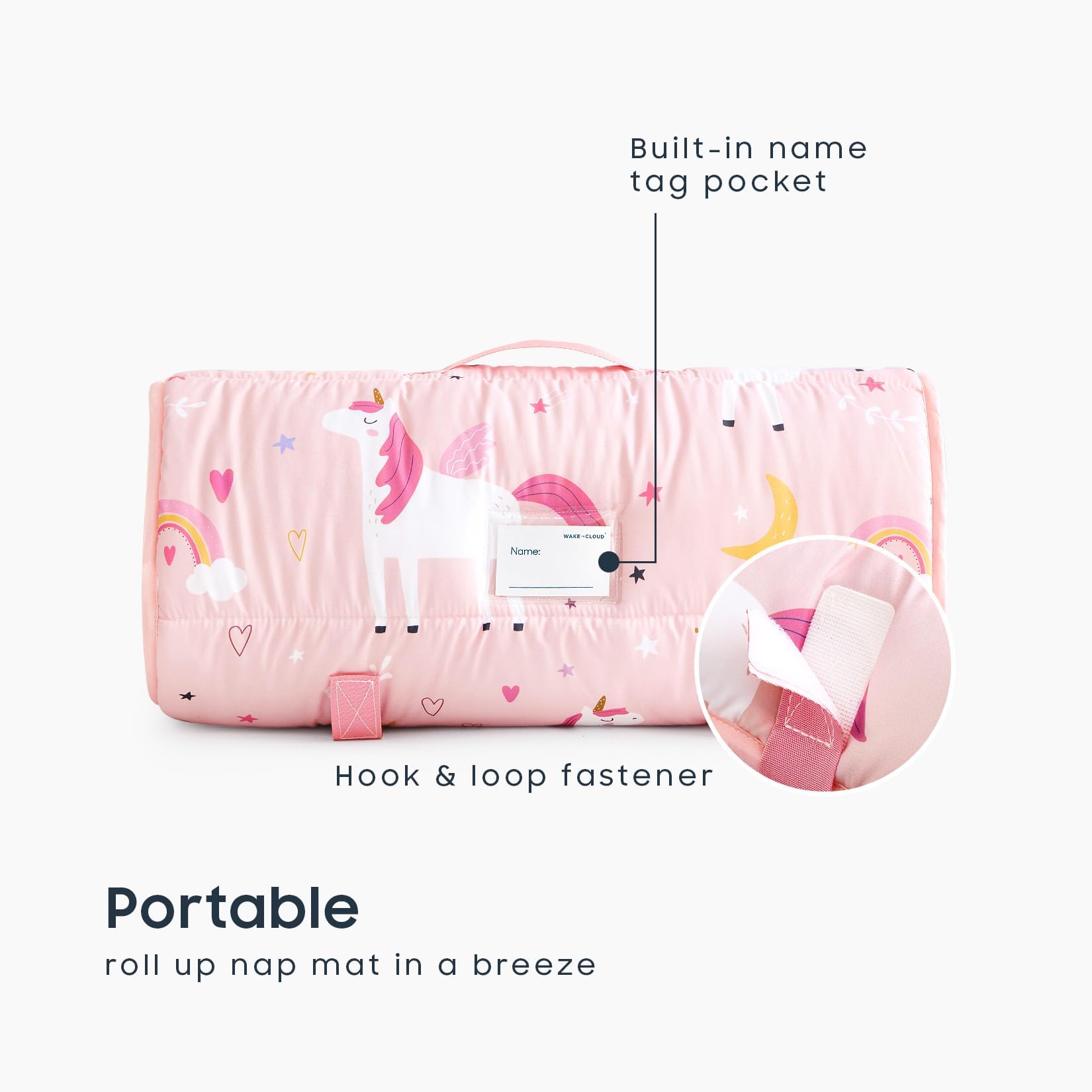 Wake In Cloud nap mat rolled with handle for easy daycare portability