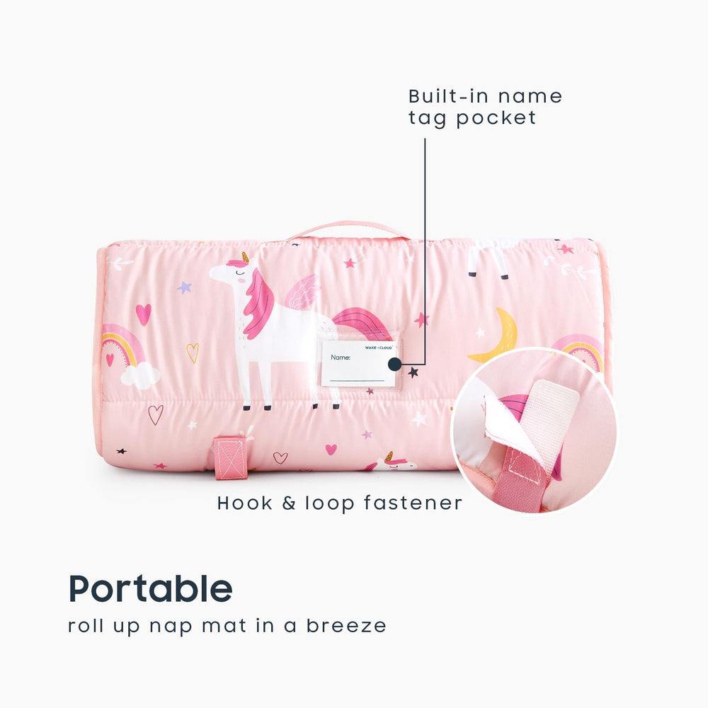 Wake In Cloud nap mat rolled with handle for easy daycare portability