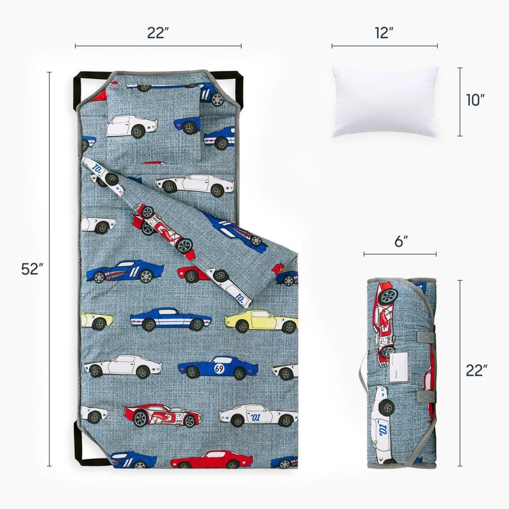 Wake In Cloud nap mat rolled up with handle for portable nap time