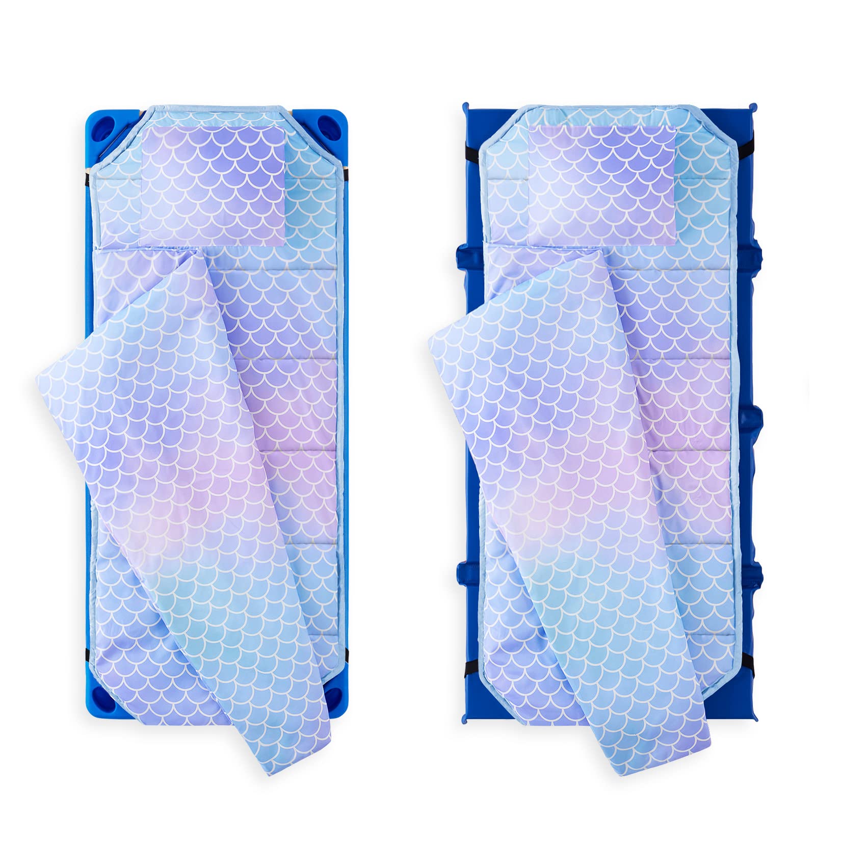 Wake In Cloud nap mat rolled with hook and loop strap for portable daycare travel.