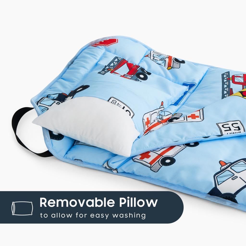 Wake In Cloud nap mat with strap demonstrates easy-carry setup for daycare and travel