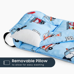 Wake In Cloud nap mat with strap demonstrates easy-carry setup for daycare and travel