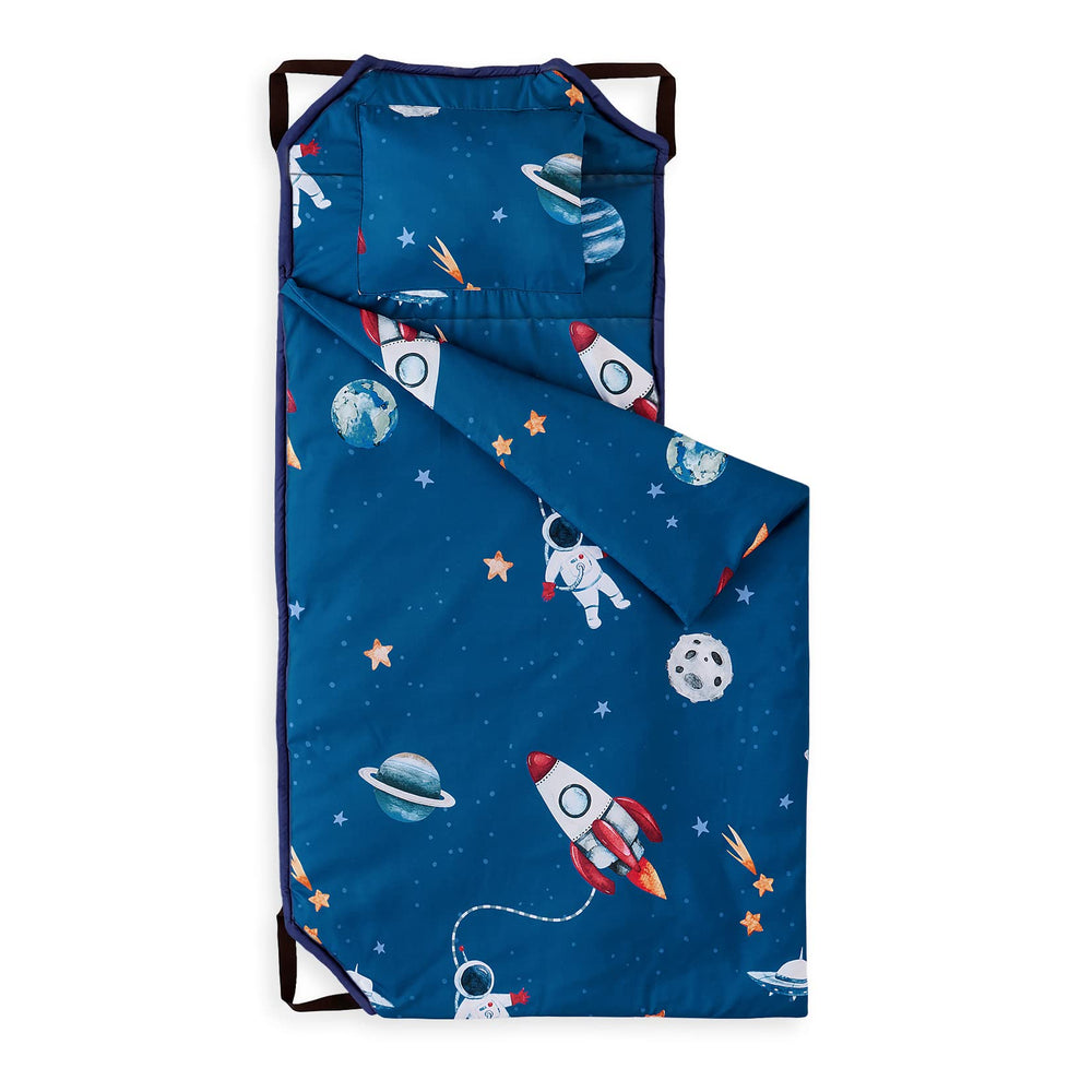 Wake In Cloud nap mat rolled for easy transport and daycare portability.