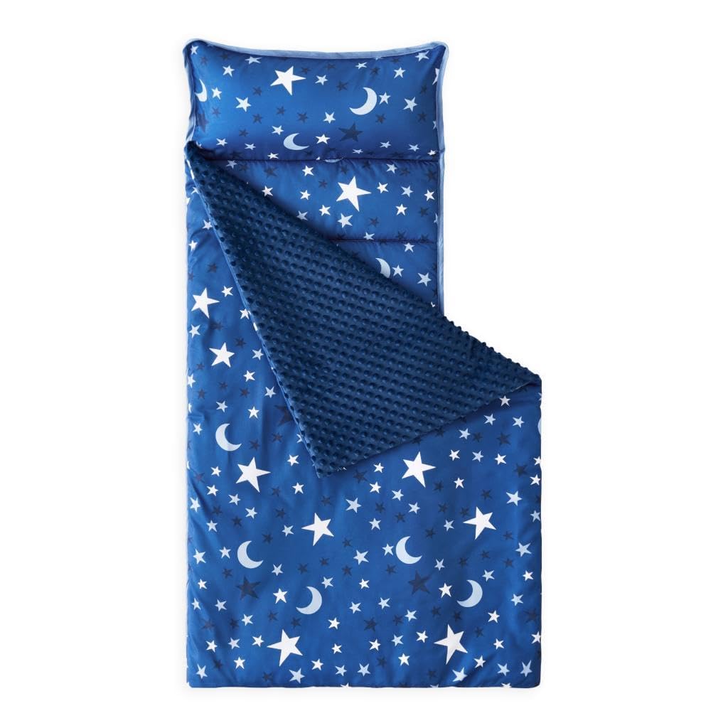 Wake In Cloud nap mat space moon blue rolled for compact travel.