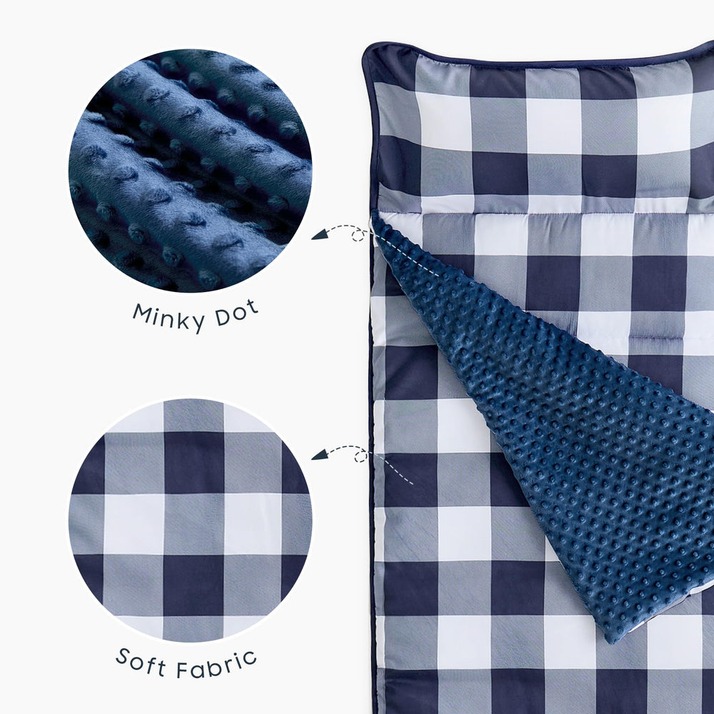 Wake In Cloud navy buffalo-check design adds durable, stylish nap-time comfort.