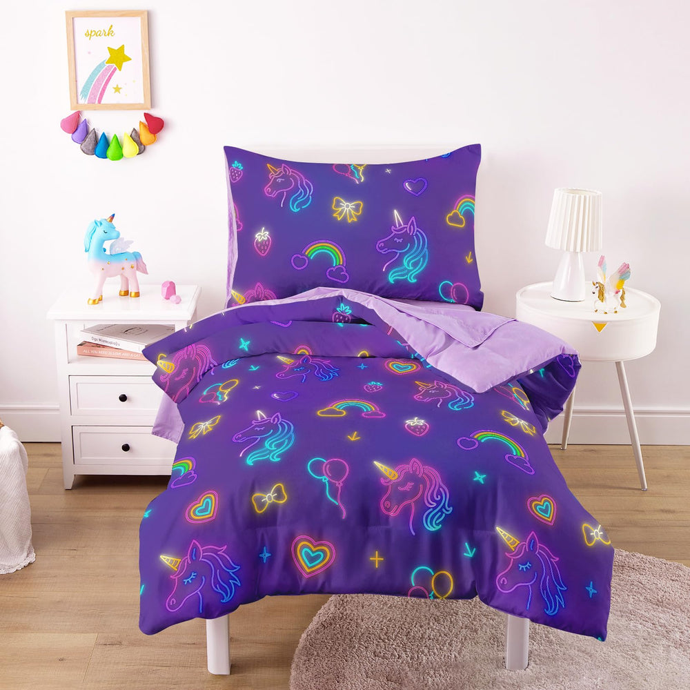 Wake In Cloud neon unicorn comforter enhances imaginative bedtime for toddlers.