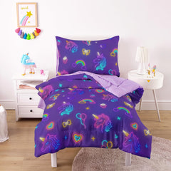 Wake In Cloud neon unicorn comforter enhances imaginative bedtime for toddlers.