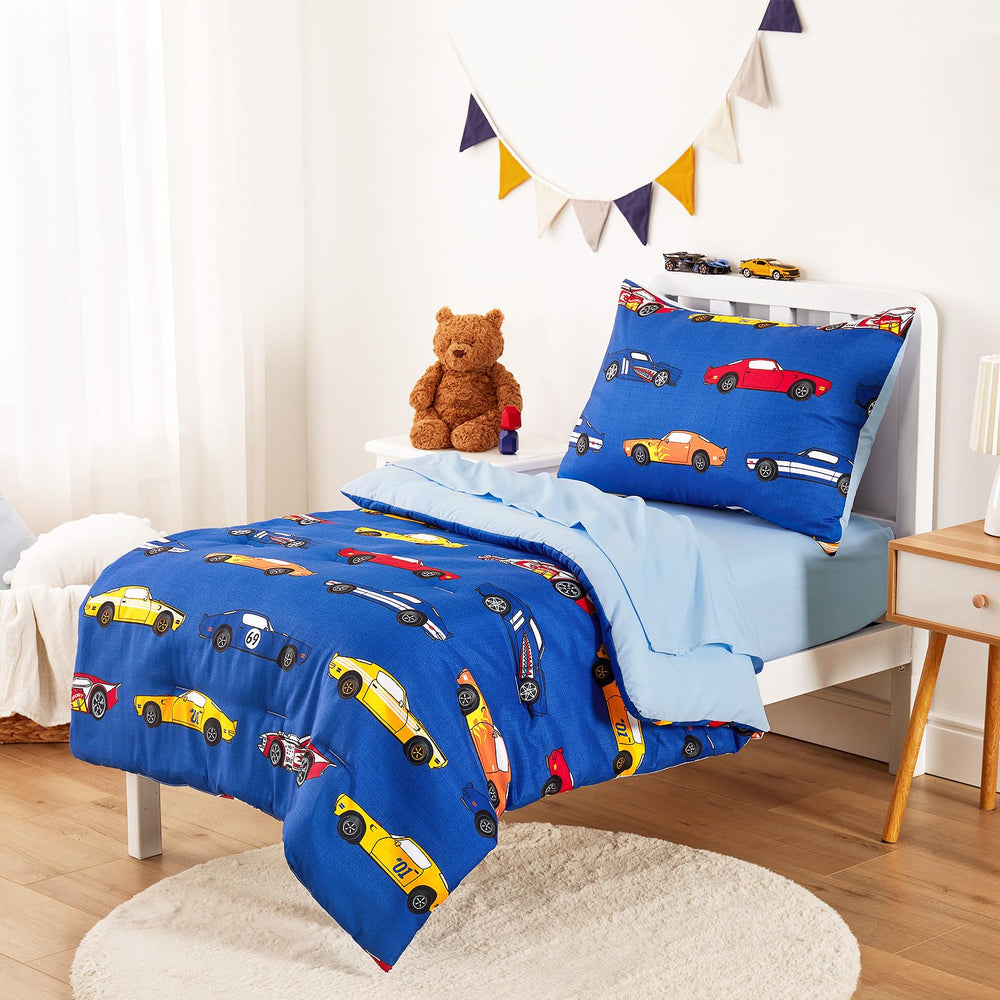 Wake In Cloud race car pattern comforter close-up highlights soft microfiber feel for cozy nights.