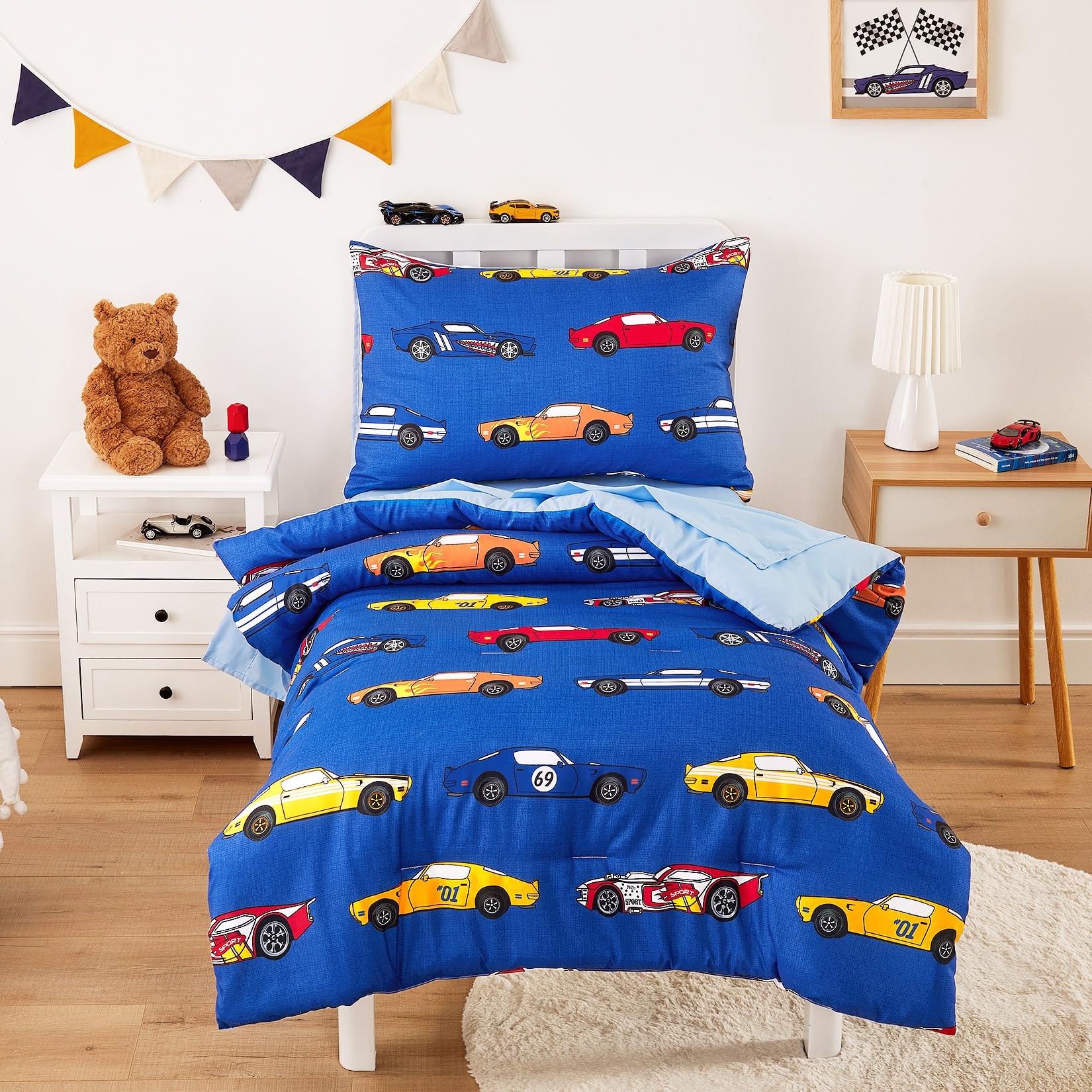 Wake In Cloud race car toddler bedding set blue image showing vibrant design for imaginative play.