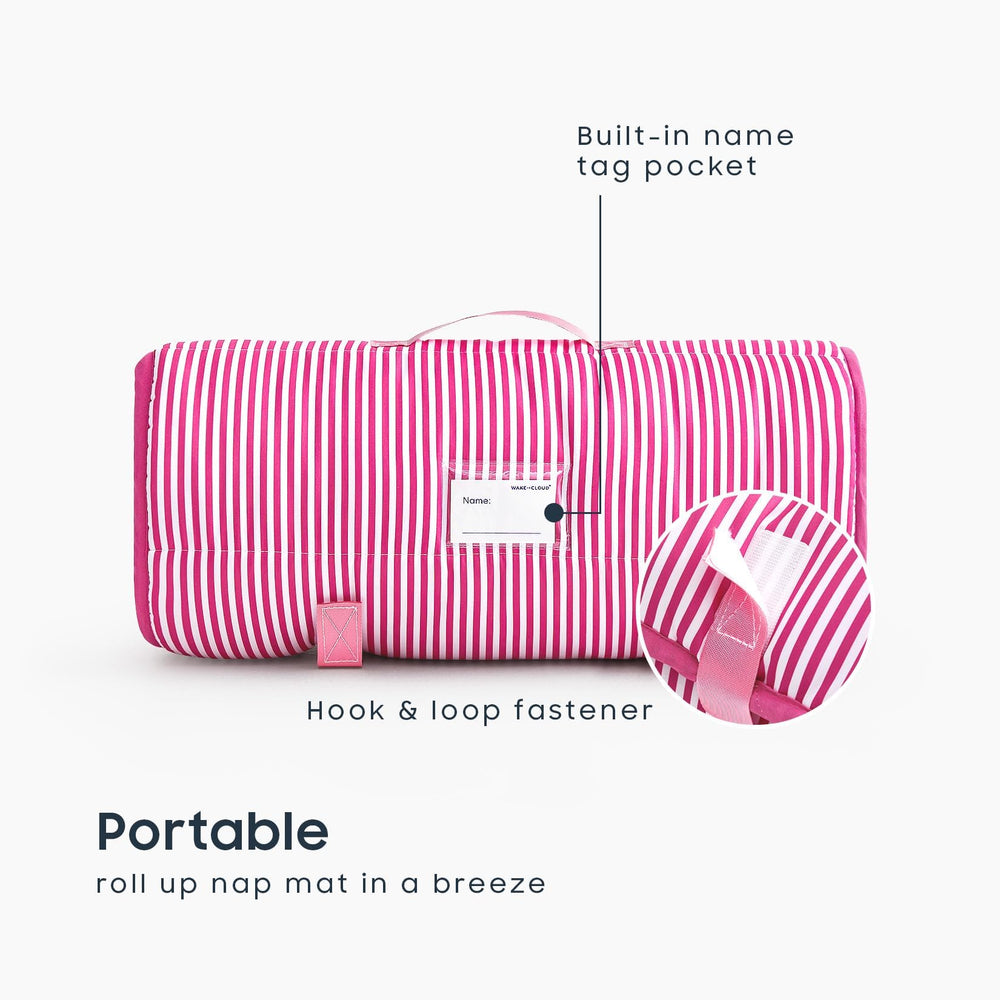 Wake In Cloud roll-up nap mat features hook-and-loop closure for easy transport.