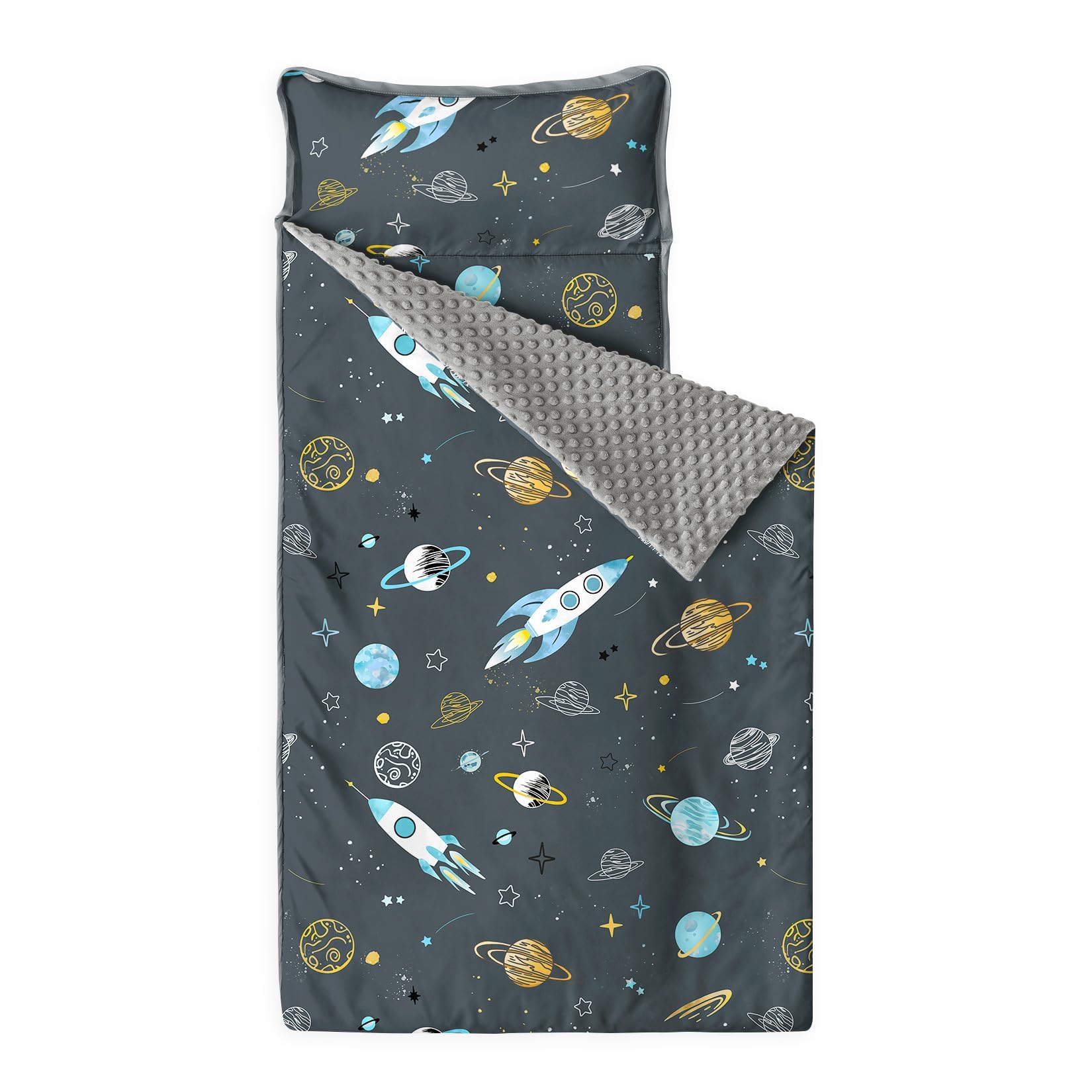 Wake In Cloud nap mat with space rocket design offering cozy daycare naps