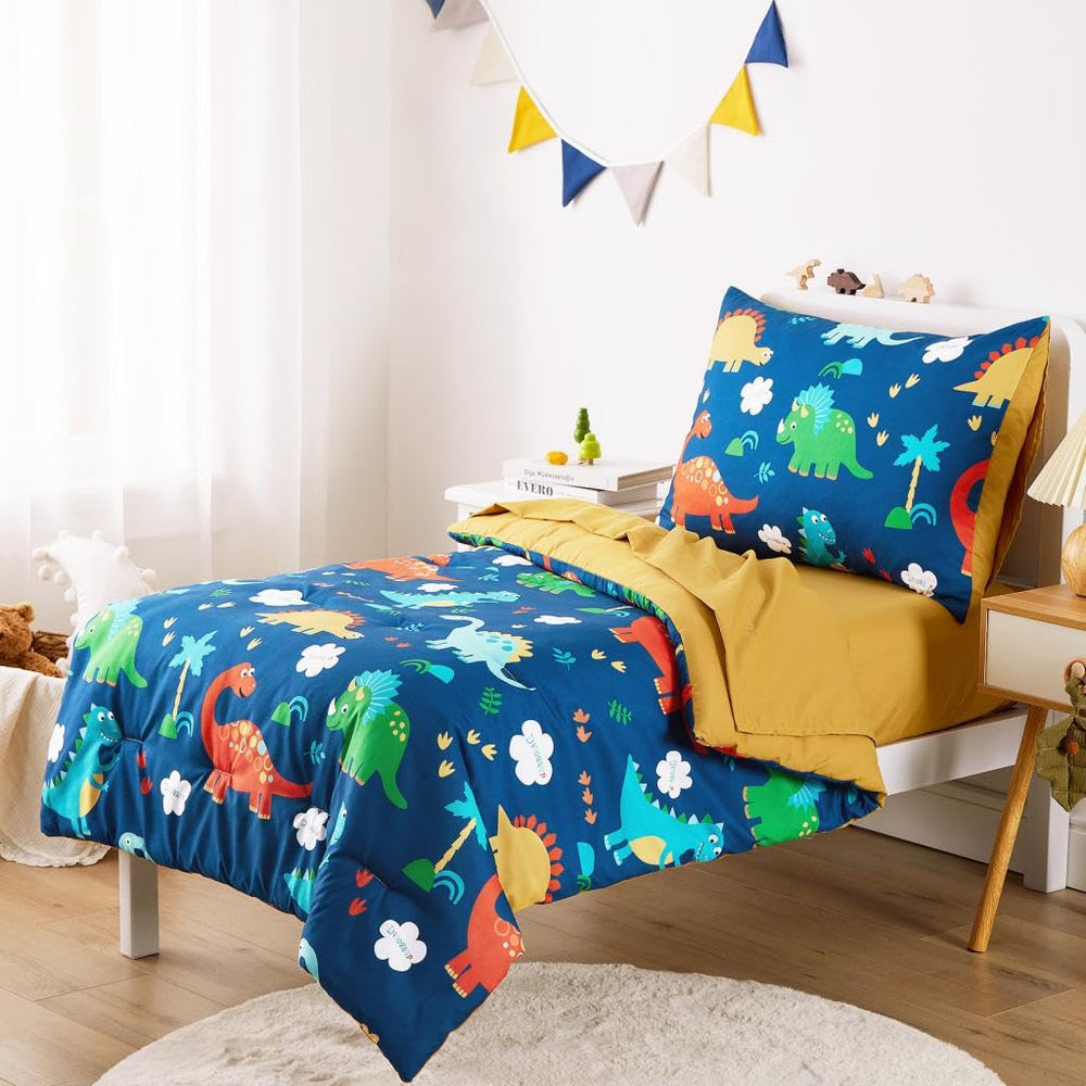 Wake In Cloud comforter highlights colorful dinosaurs for a cozy, kid-friendly bed.
