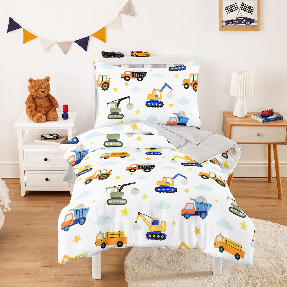 Wake In Cloud construction dump truck comforter on toddler bed for cozy sleep