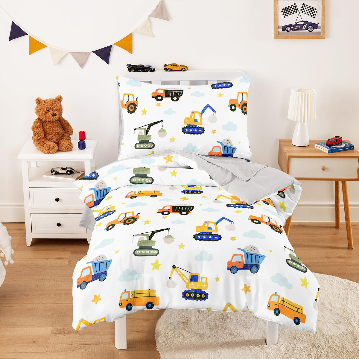 Wake In Cloud construction dump truck comforter on toddler bed for cozy sleep