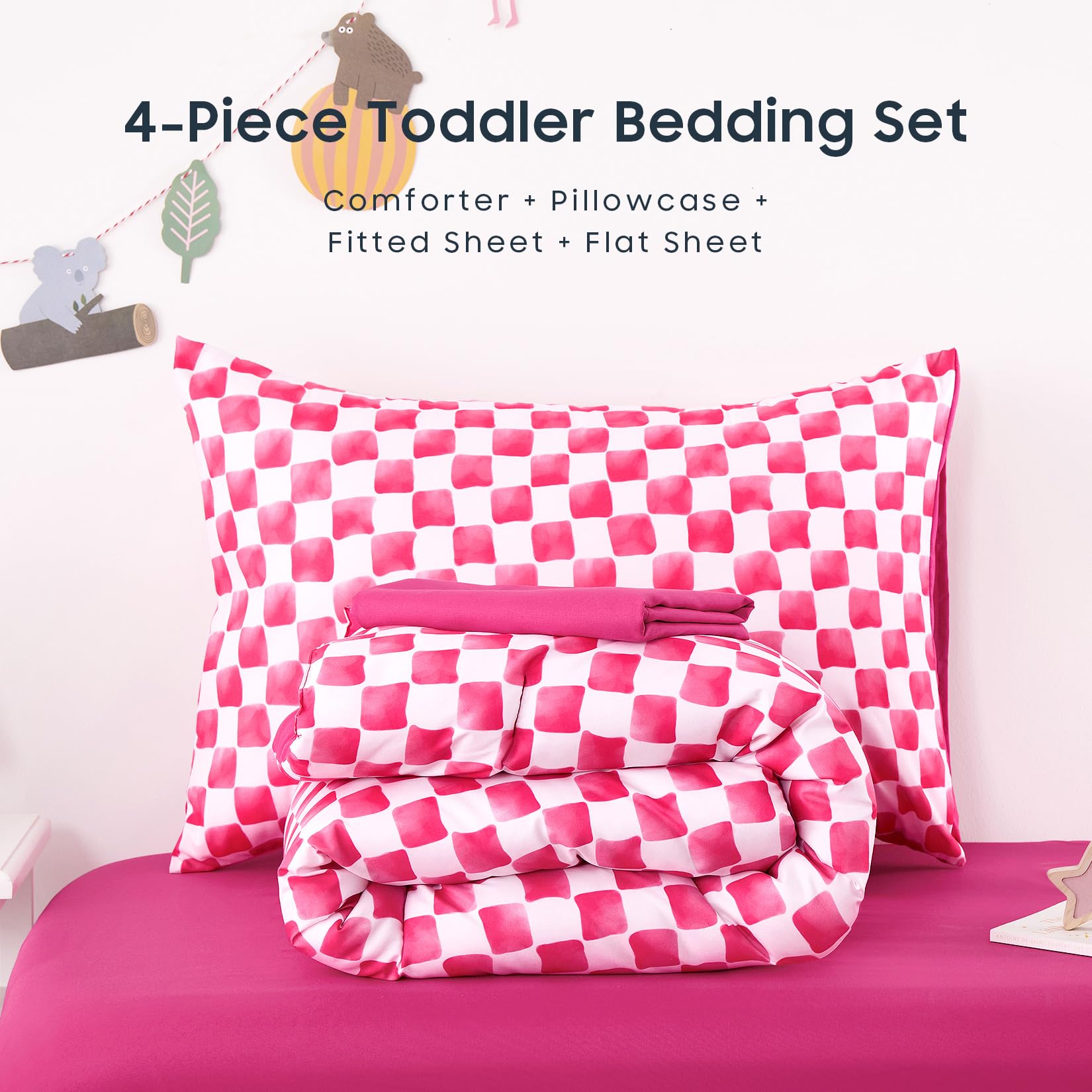 Wake In Cloud bedroom scene highlights cheerful gingham bedding in a cozy kid space.