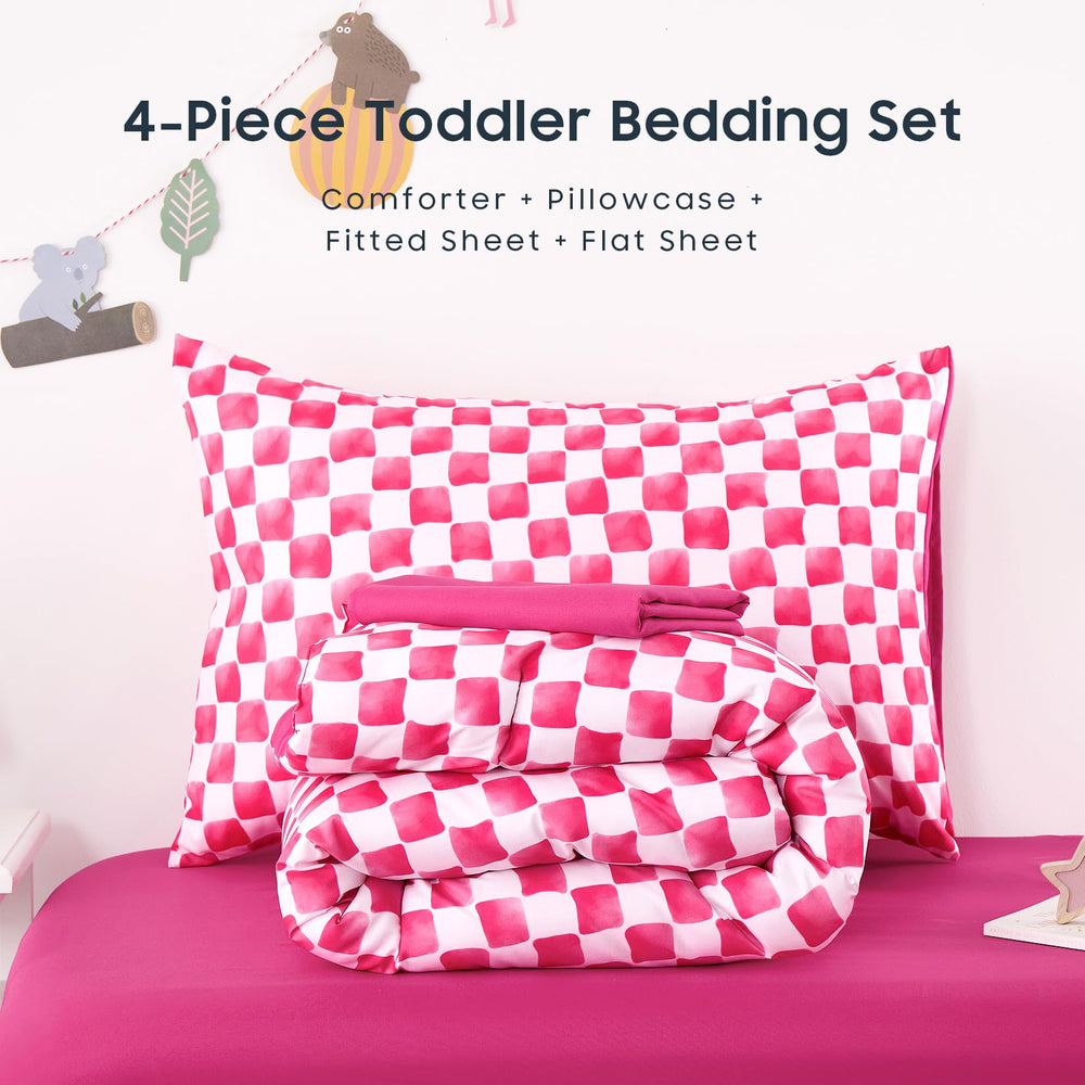 Wake In Cloud bedroom scene highlights cheerful gingham bedding in a cozy kid space.