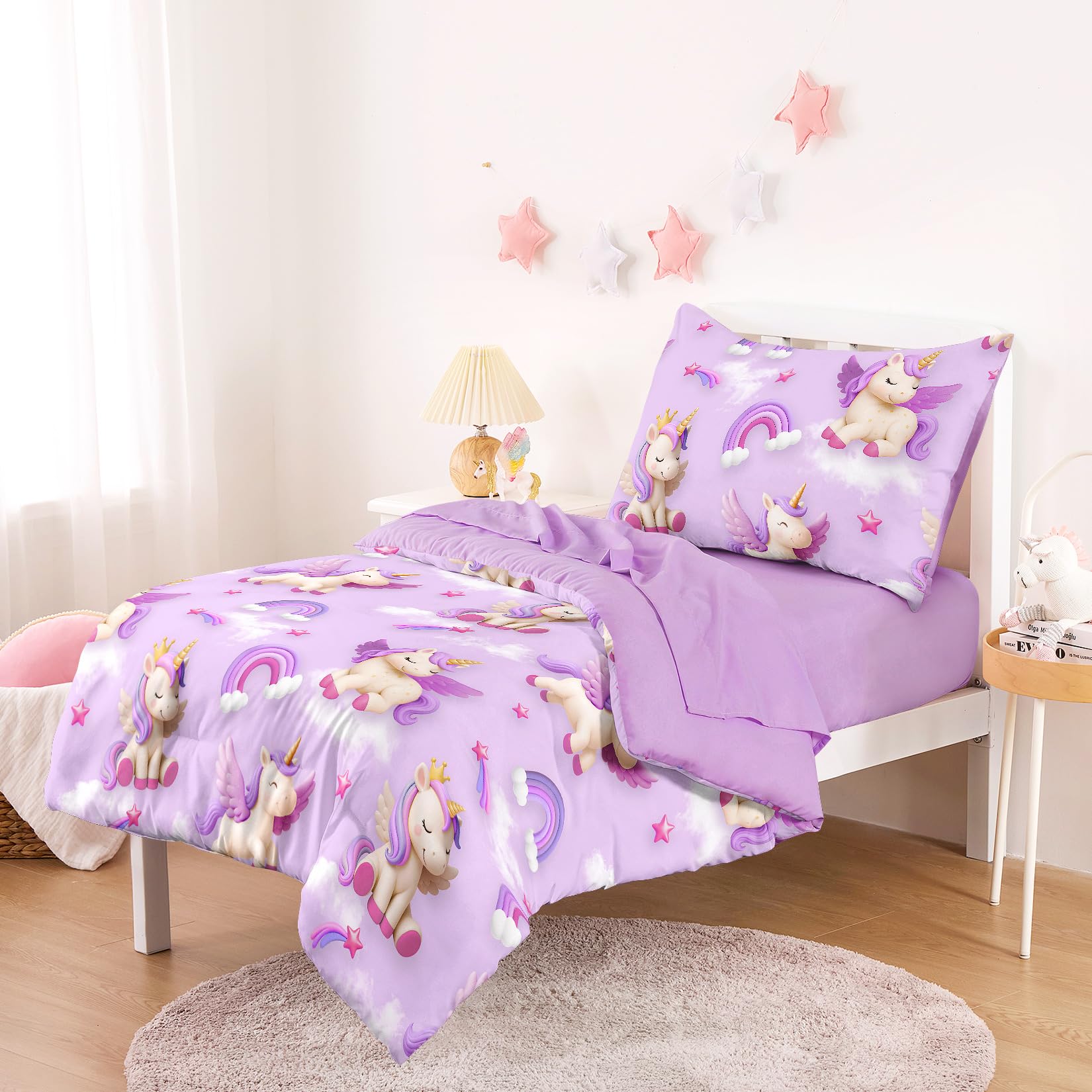 Wake In Cloud four-piece toddler bedding laid out for quick bed styling.