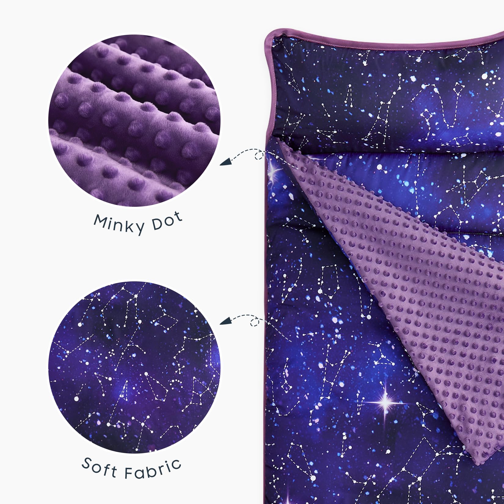 Wake In Cloud nap mat constellation galaxy purple colorway offers playful design for kids.