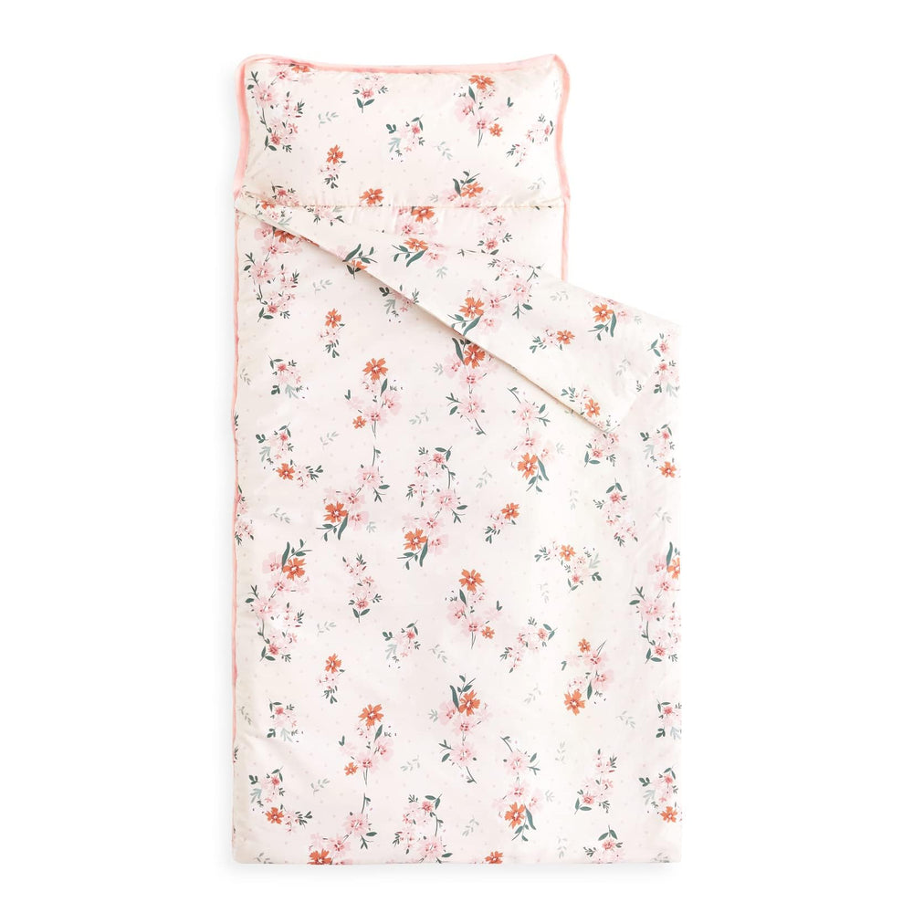Wake In Cloud toddler nap mat floral cover with breathable cotton inviting cozy naps.