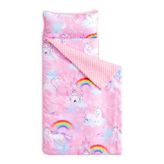 Wake In Cloud toddler nap mat with unicorn castle pink for cozy daycare rests