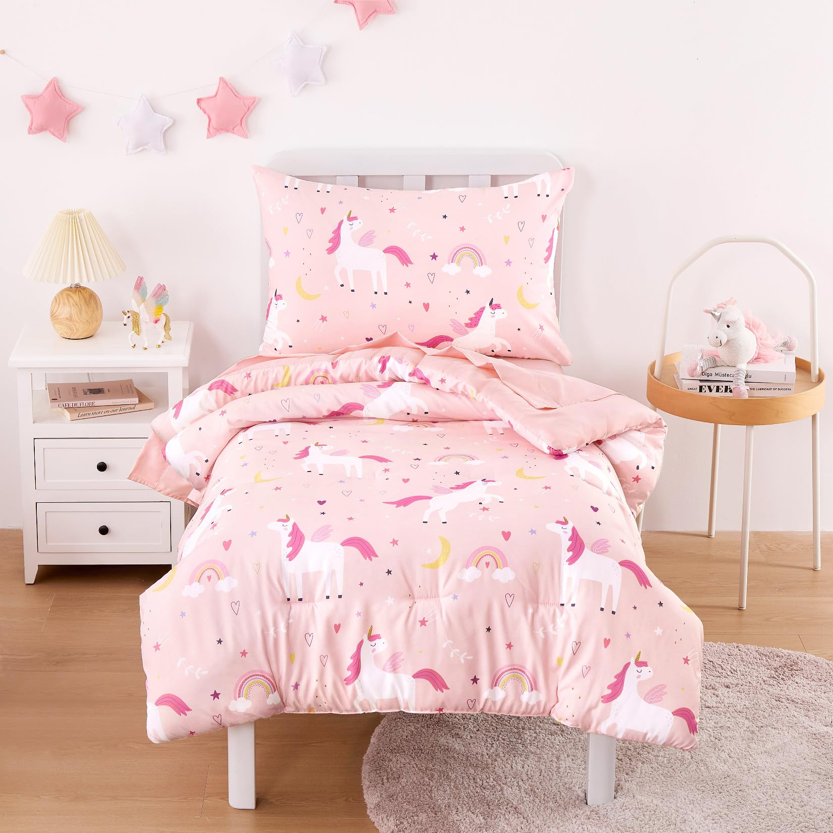 Wake In Cloud unicorn bedding comforter pink delivers cozy warmth for toddlers.