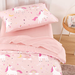 Wake In Cloud unicorn bedding fitted sheet pink with 8-inch pocket fits toddler mattresses snugly.