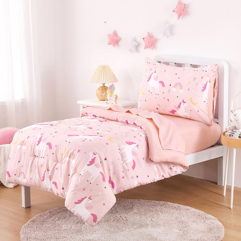 Wake In Cloud unicorn bedding flat sheet pink provides smooth, breathable coverage for bedtime.