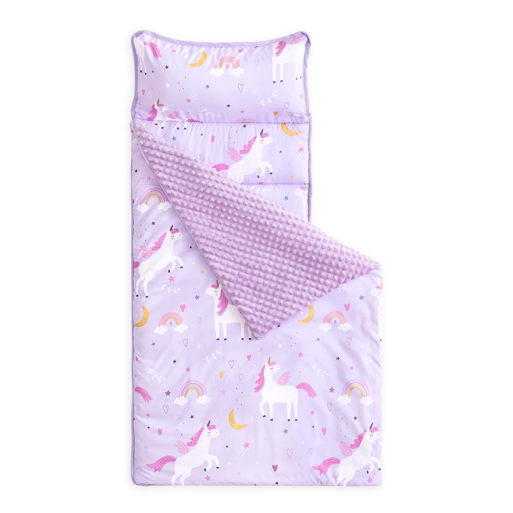 Wake In Cloud unicorn nap mat roll demonstrates easy roll-and-go naptime for daycare.