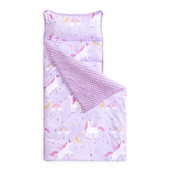 Wake In Cloud unicorn nap mat roll demonstrates easy roll-and-go naptime for daycare.