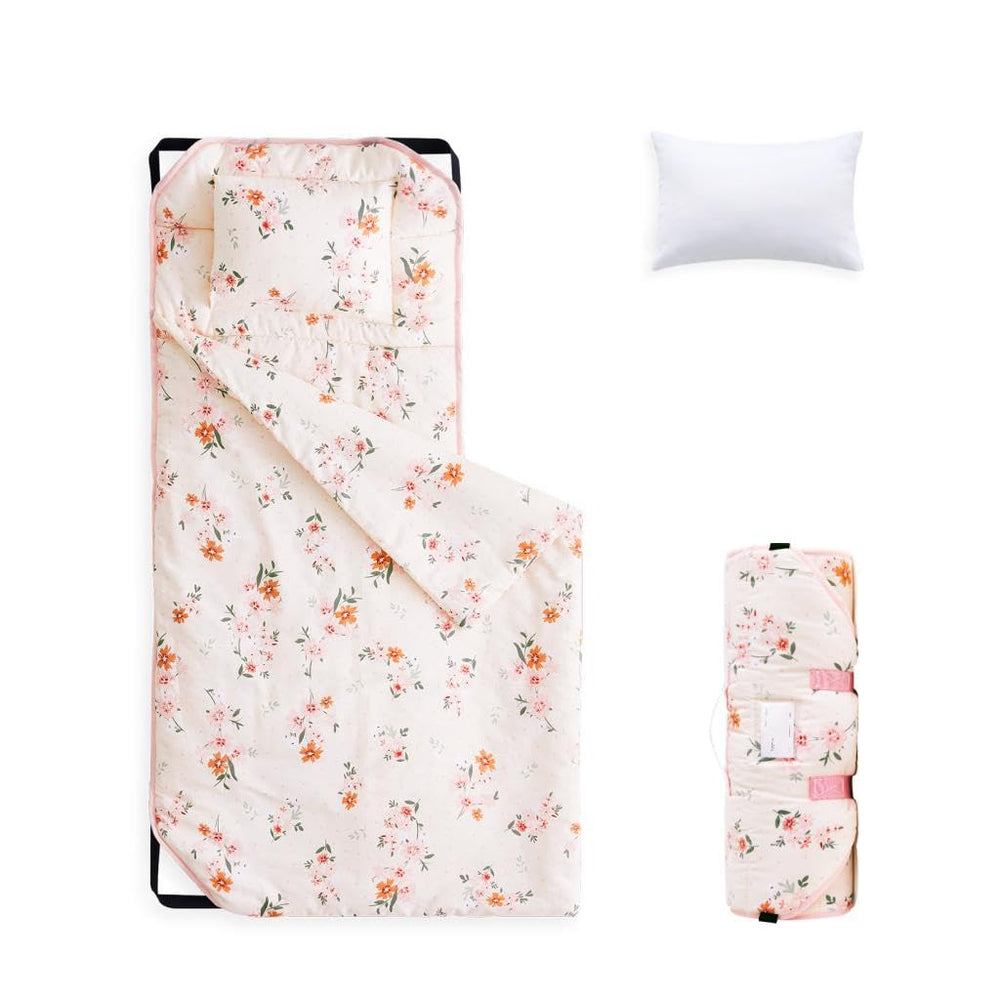 Wake In Cloud nap mat folded with handle for easy daycare transport.