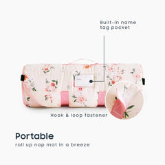 Wake In Cloud nap mat pillow attached for compact, cozy nap time.
