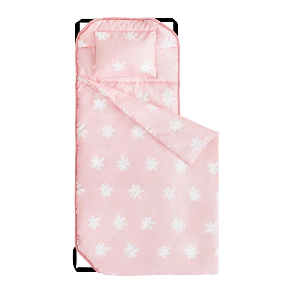 Wake In Cloud cot nap mat rolled with handle for easy transport and storage.