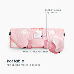 Wake In Cloud floral cot nap mat close-up pillow showing soft all-in-one comfort.