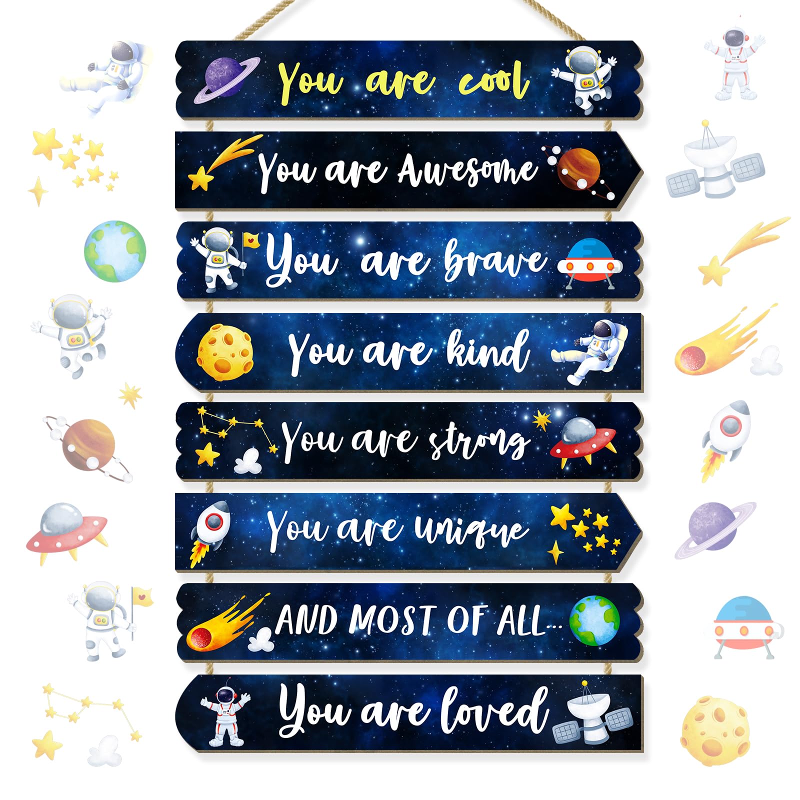 WAKOSAN Interstellar eight plaques form a cohesive kids' room focal point for inspiration.