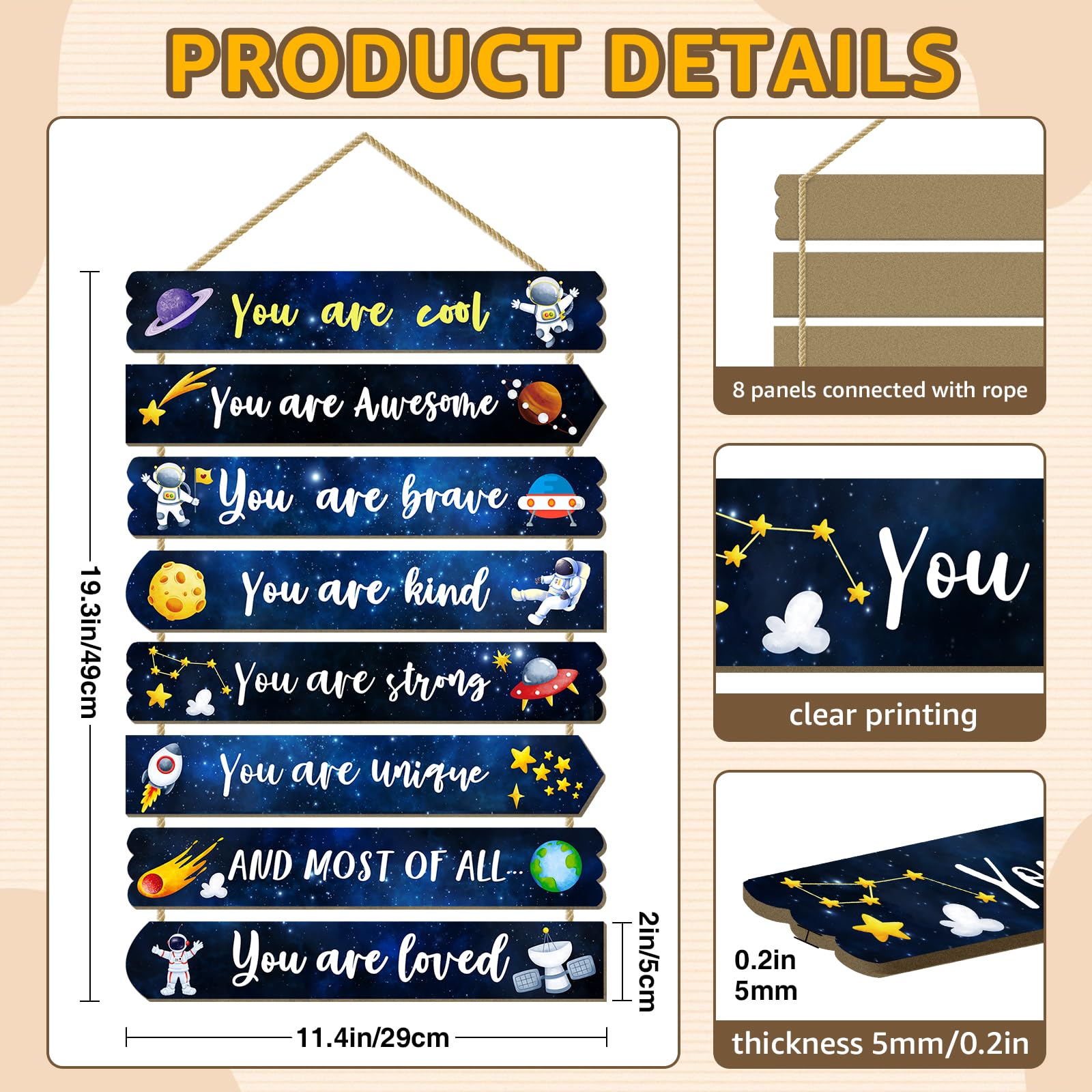 WAKOSAN Interstellar hemp-rope connected plaques simplify creating a stylish nursery display.