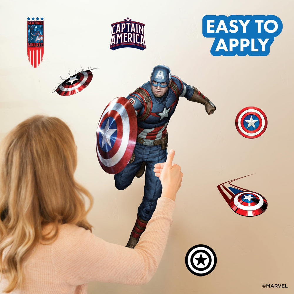 WALL PALZ Captain America shield icons offer versatile accents on doors, mirrors, and desks