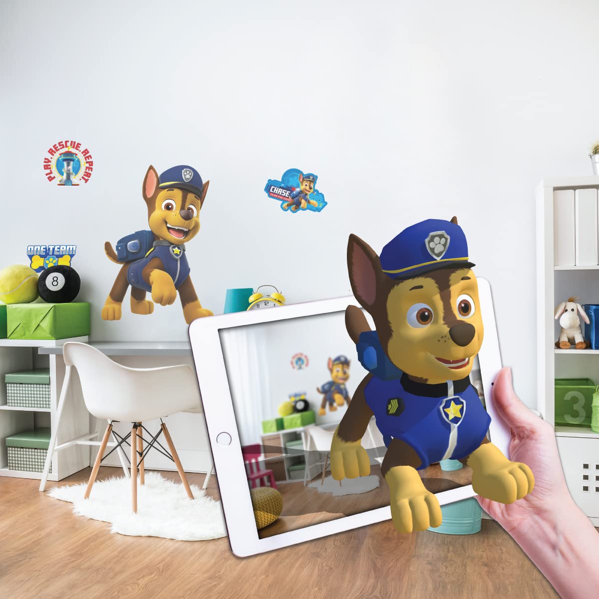 Wall Palz Chase decal 24inch on wall adds Paw Patrol energy to kids' room decor.