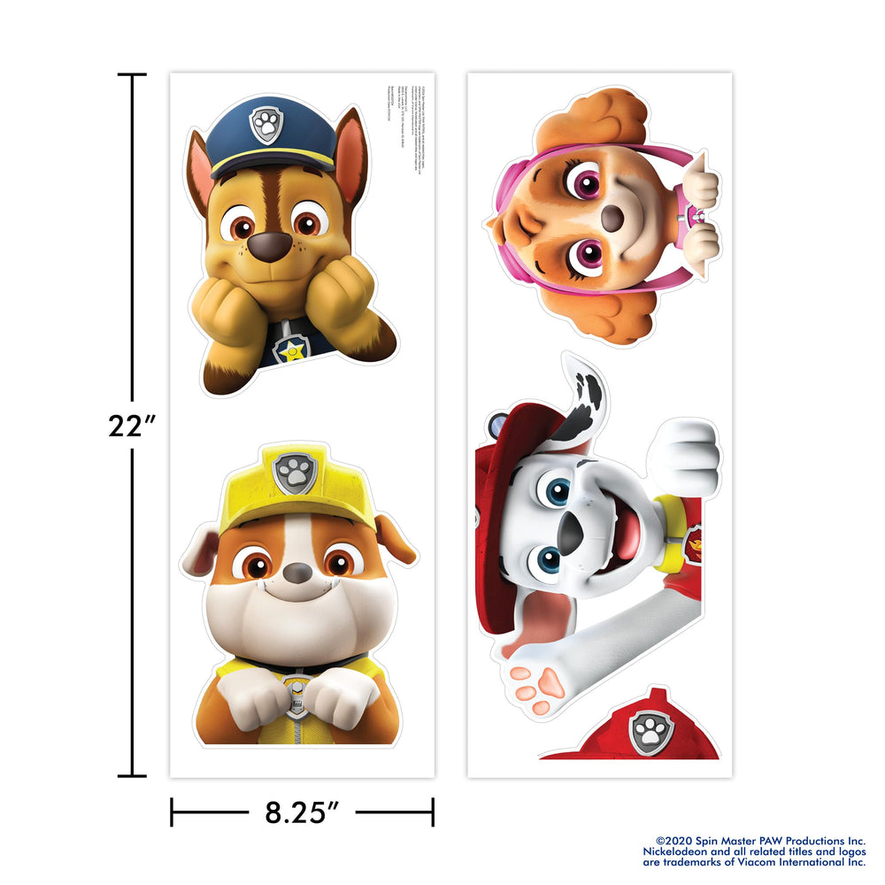 WALL PALZ Paw Patrol decal arrangement idea shows pups in action around furniture.