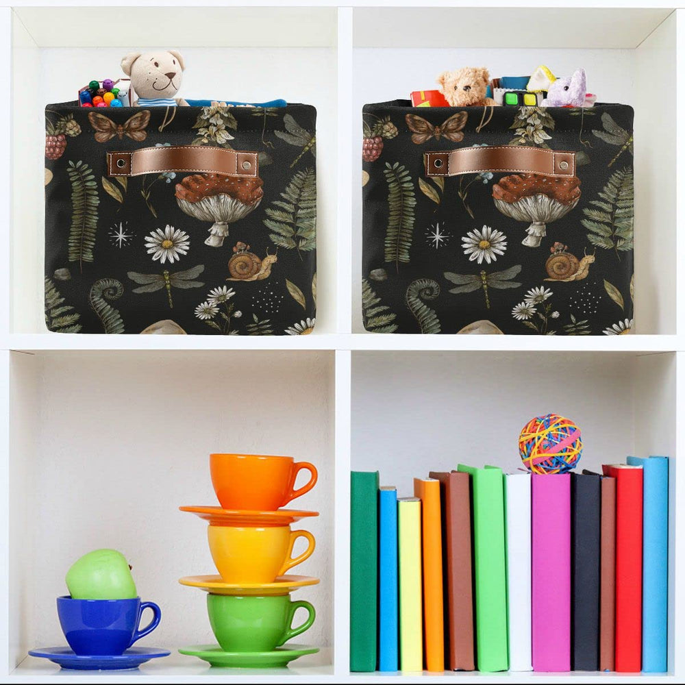 Wamika dragonfly-berry-fern pattern basket brightens shelves while decluttering.