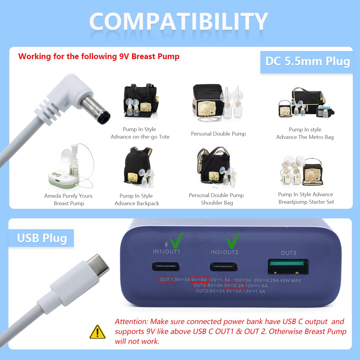 Wamlet USB-C to 9V DC cable image showing versatile power for pumps.