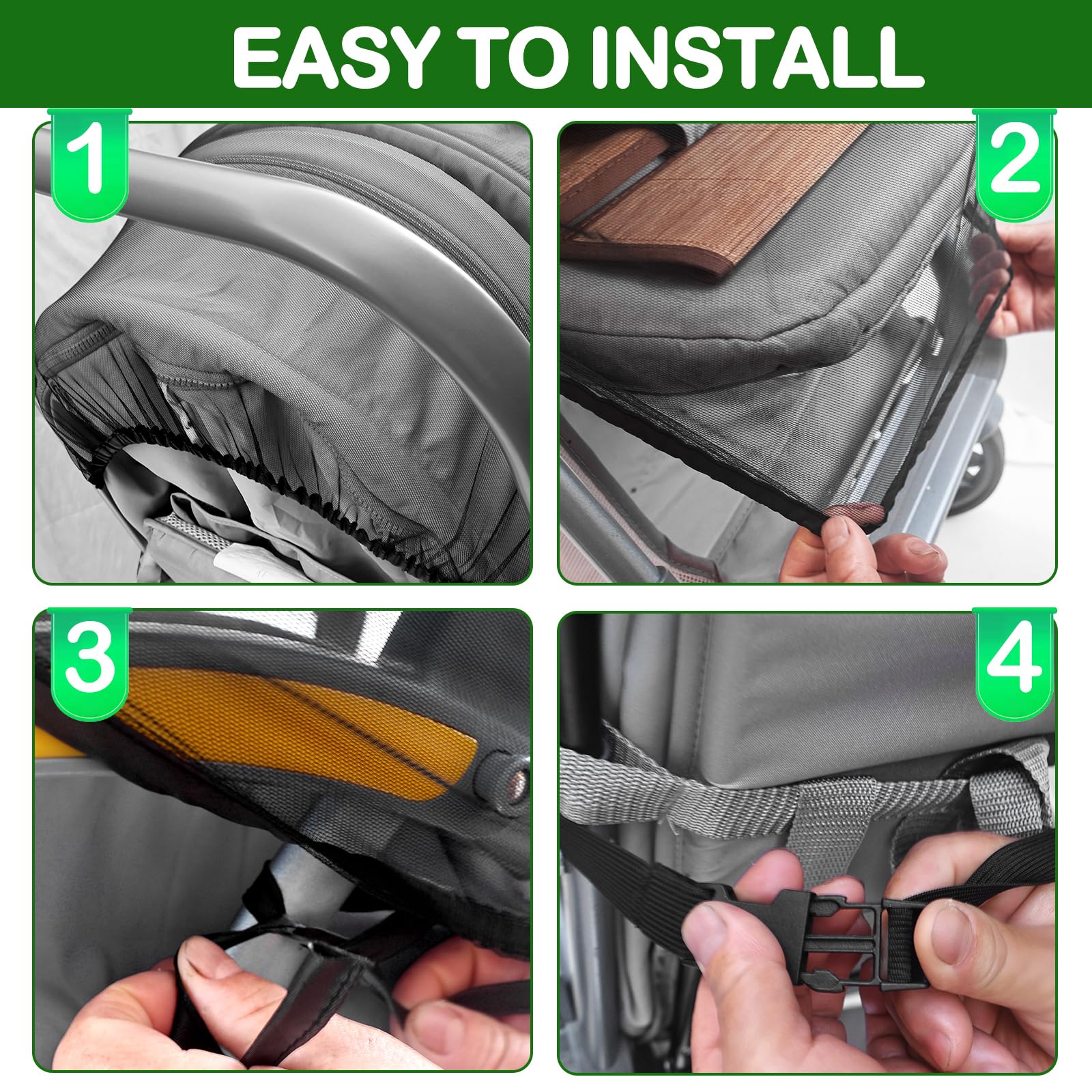 Wanateber stroller net uses elastic edges and buckles for a secure fit